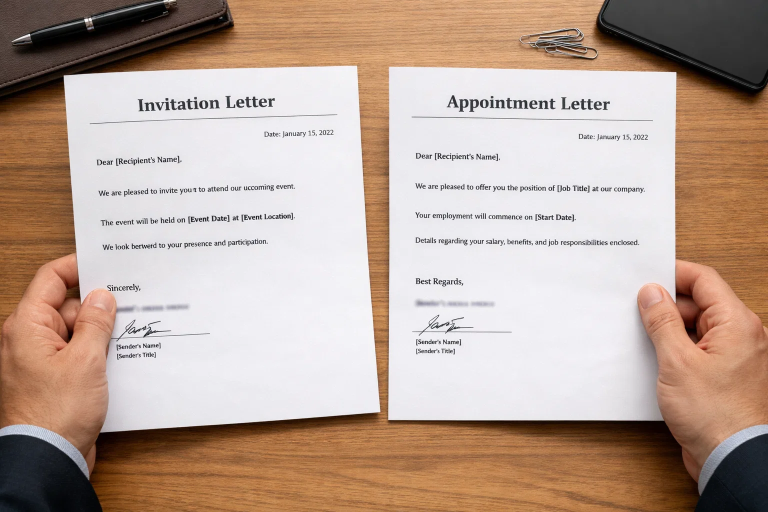 مقایسه دو نوع نامه رسمی Invitation Letter و Appointment Letter روی میز اداری با یک فرد در حال بررسی آن‌ها.


