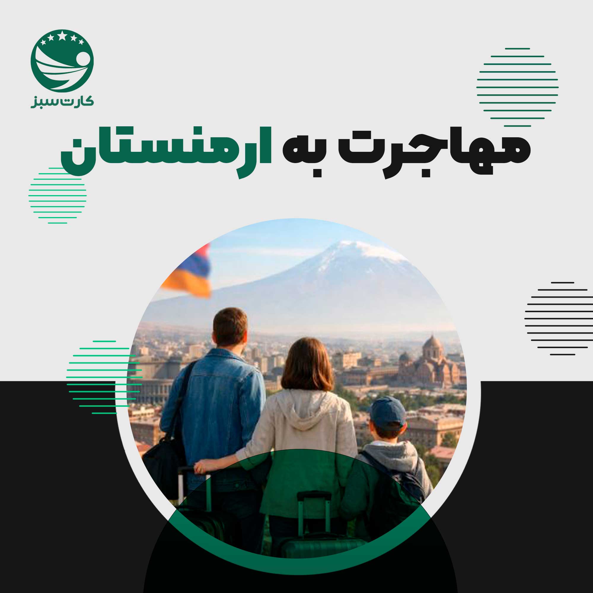 فرد یا خانواده‌ای در حال مهاجرت به ارمنستان، با نمای شهر ایروان در پس‌زمینه، شروع زندگی جدید