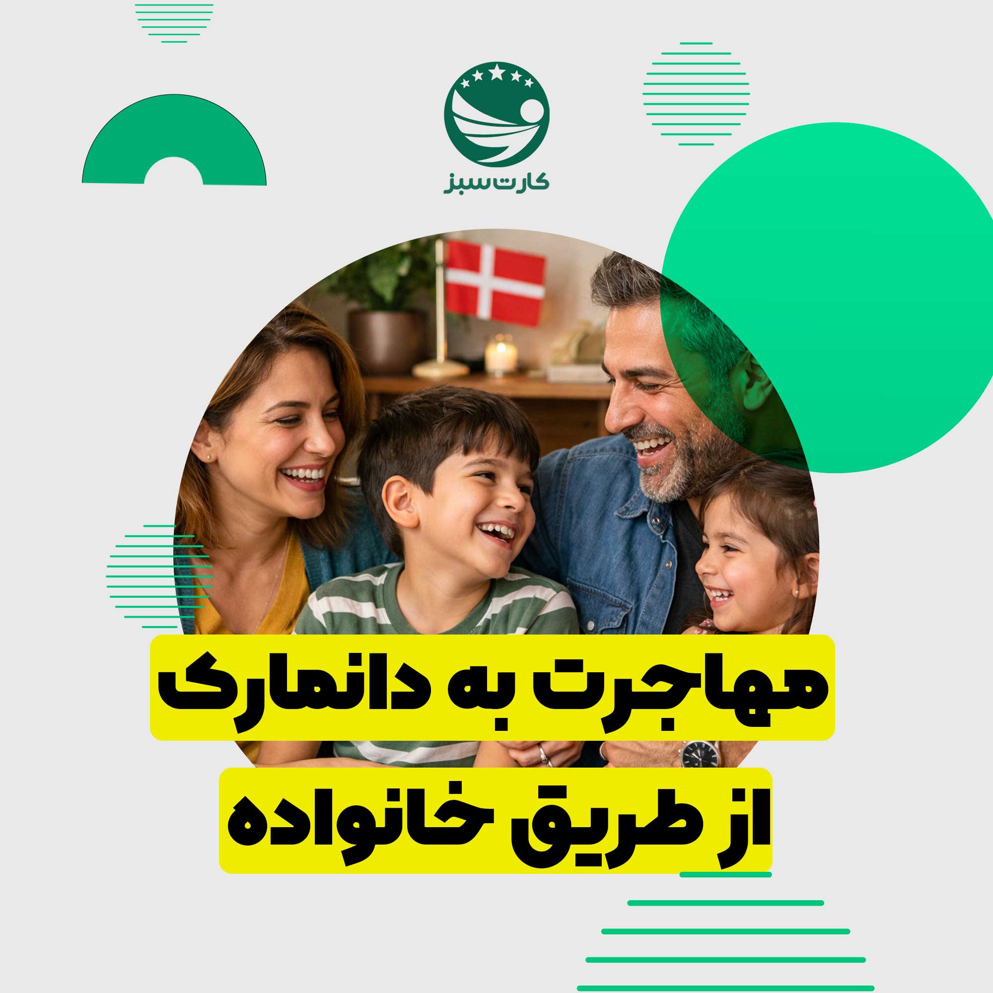مهاجرت به دانمارک خانواده ایرانی شاد در خانه با المان پرچم دانمارک