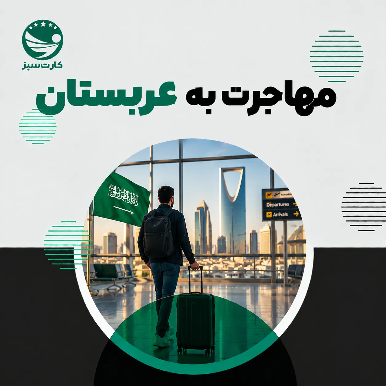 مسافر با چمدان در فرودگاه ریاض برای مهاجرت به عربستان
