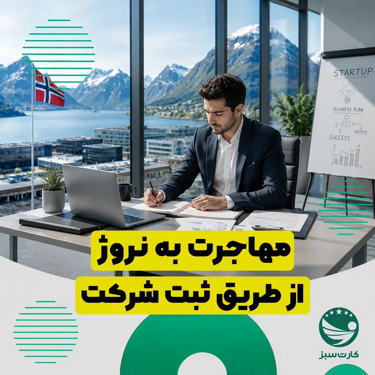 کارآفرین در دفتر مدرن برای ثبت شرکت و مهاجرت به نروژ